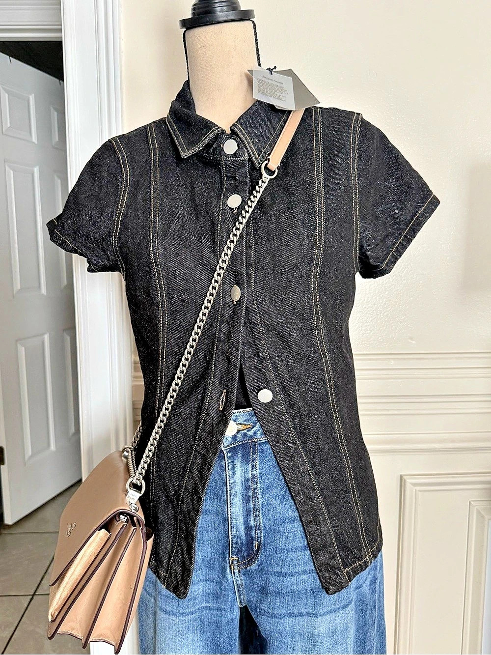 Le Lis Black Short Sleeve Button Front Top NWT